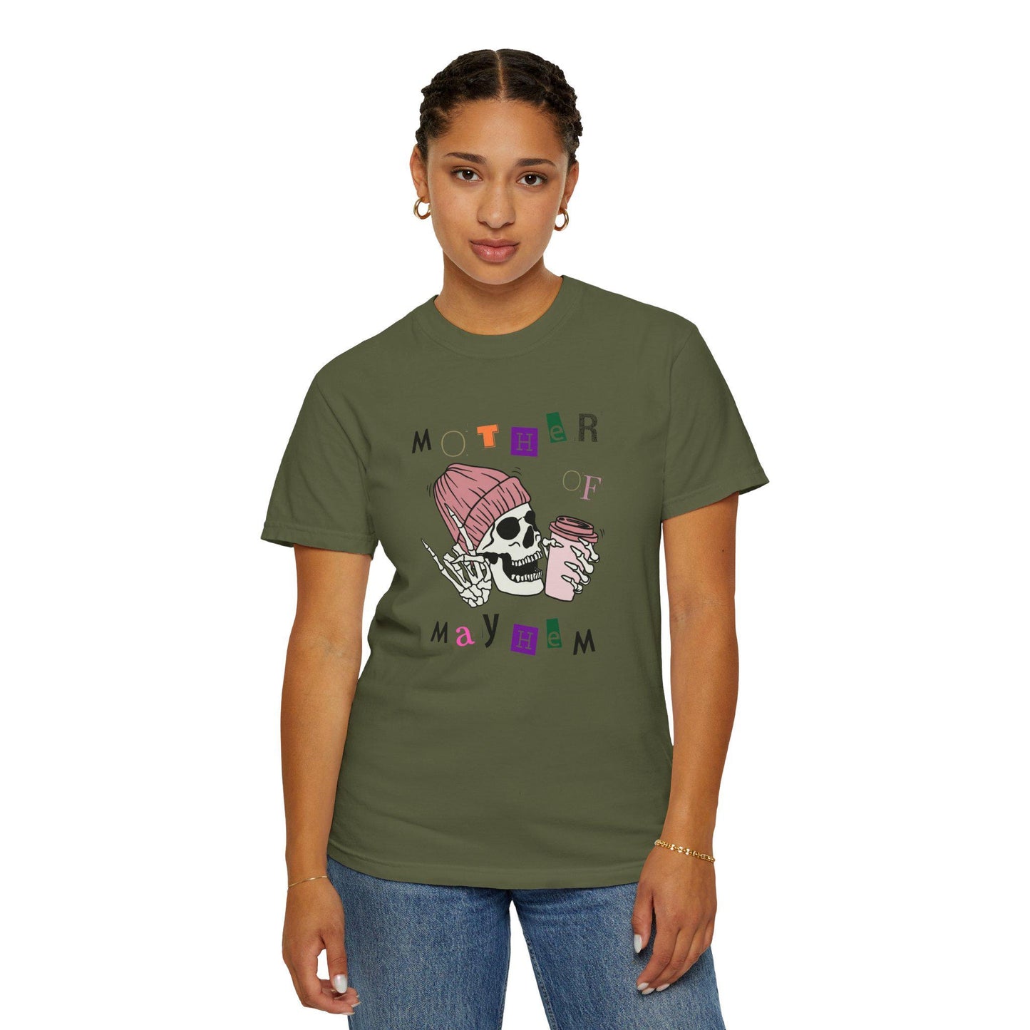 Mother of Mayhem Rockin Skull and Coffee Graphic Tee
